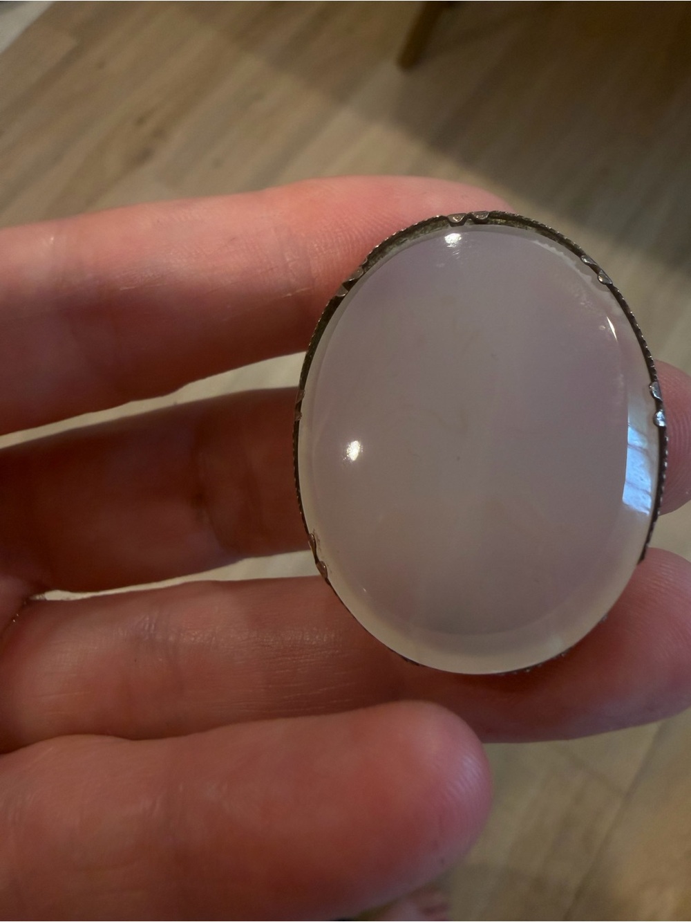 Antique Sterling Silver Chalcedony Agate Brooch Large Oval Cabochon 1.5”